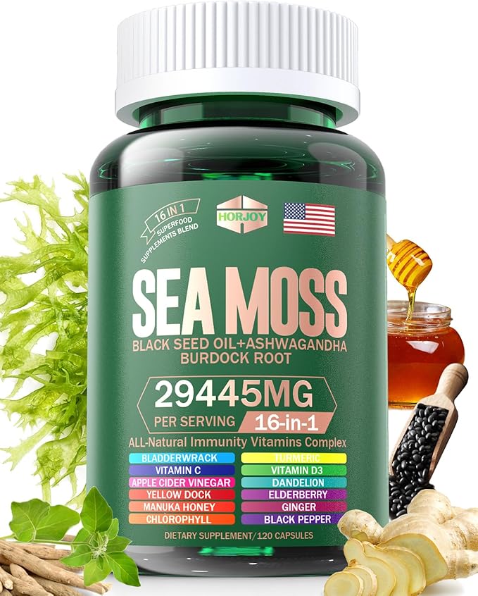 Sea Moss 12000mg Black Seed Oil 6000mg Ashwagandha 3000mg Turmeric 1000mg Bladderwrack 2000mg Burdock 3000mg &amp Vitamin C &amp D3 with Elderberry Manuka Dandelion Yellow Dock Iodine Chlorophyll AC
