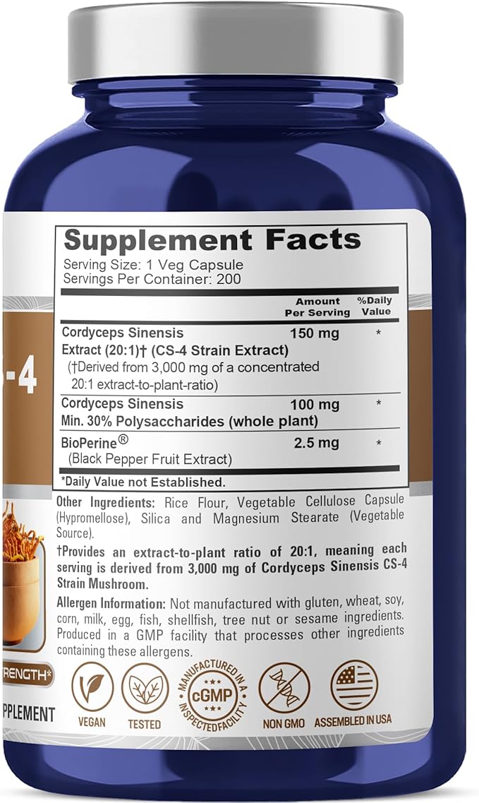 NusaPure Cordyceps 20:1 Extract 150 mg Equivalent to 3000mg 200 Veggie Capsules (Sinensis CS-4 Non-GMO Vegan) Bioperine