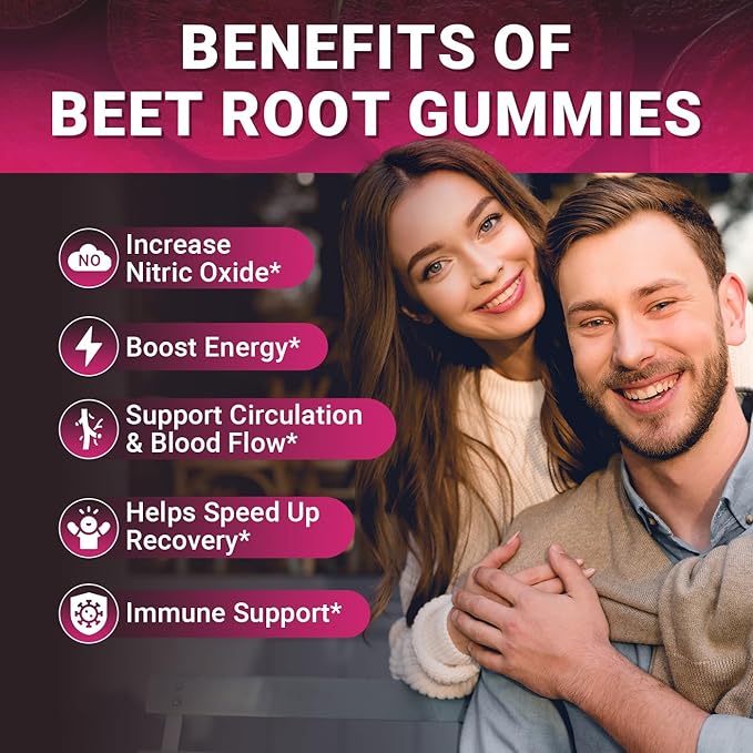 Beet Root Gummies Nitric Oxide Supplements for Men &amp Women with COQ10 Turmeric Extract Vitamin C &amp B12 Vegan Non-GMO Sugar Free 120 Cts