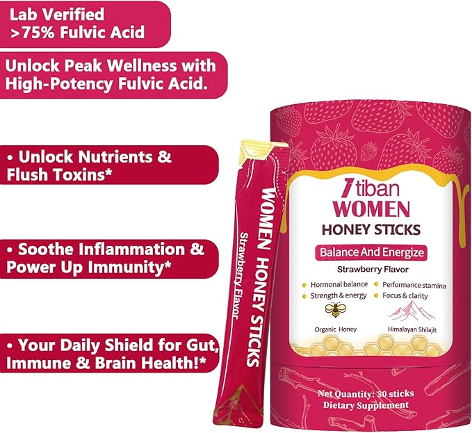 Shilajit Honey Sticks – 75%+ Fulvic Acid 85+ Trace Minerals | Natural Energy &amp Immunity Booster | Easy Single-Strawberry Use 30 Packets (Strawberry)