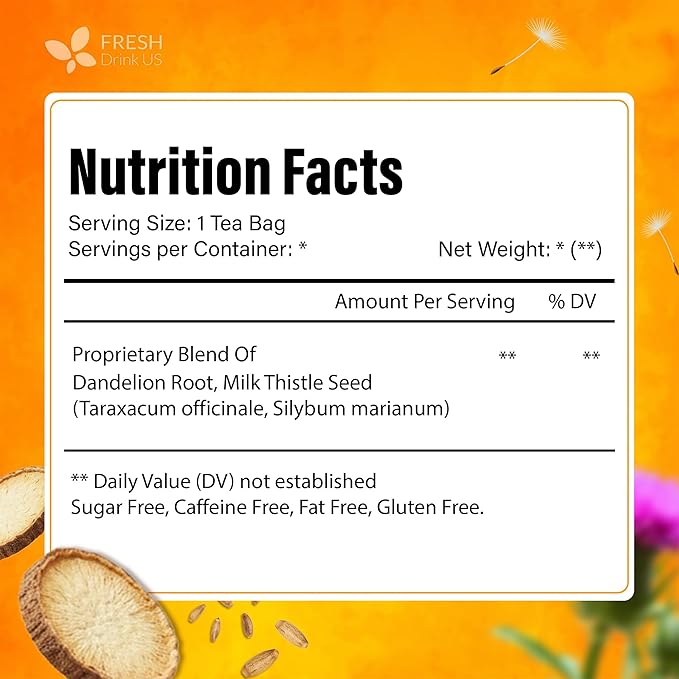 FreshDrinkUS Premium Dandelion Milk Thistle Herbal Tea | 135 Tea Bags | Herbal Blend with Dandelion Root &amp Milk Thistle Seed – Clean Plant-Based Daily Tea Naturally Caffeine Free. Sugar Free. Ve