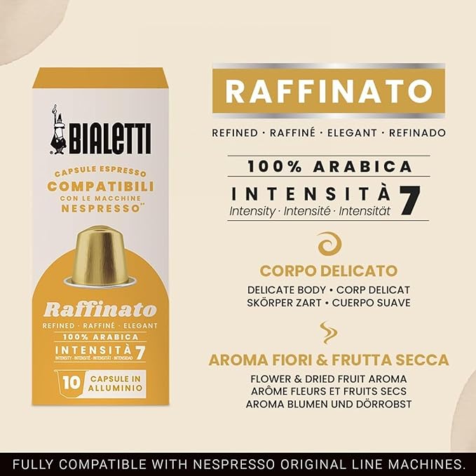 Bialetti Raffinato Espresso Capsules 60 Pack – Original Line Compatible Pods Intensity 7 Refined Arabica Coffee with Fruity and Cocoa Flavor