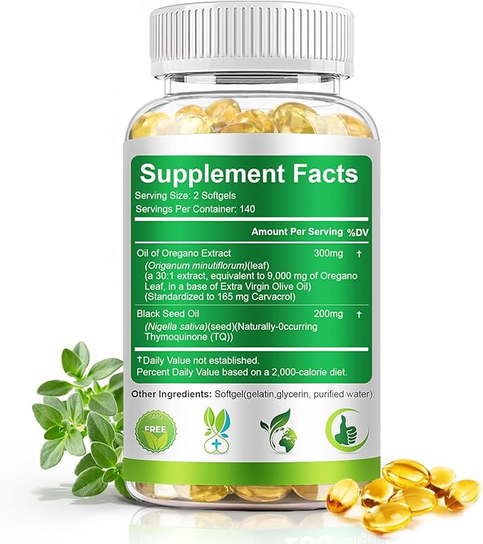 Oil of Oregano with Black Seed Oil 90/280/560/840 Softgels 9000mg Per Serving – 2-in-1 Oregano Supplement for Immune Health with High Carvacrol &amp Thymoquinone | Plant-Based Non-GMO