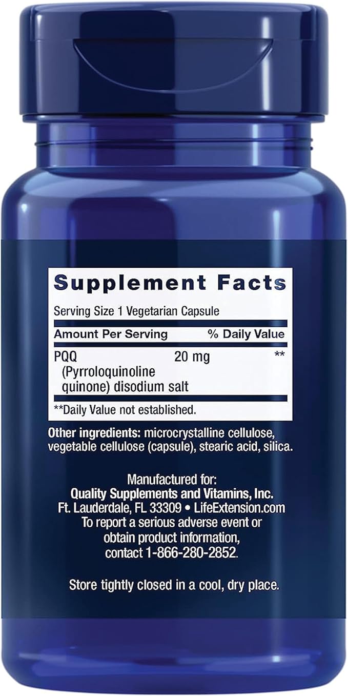 Life Extension PQQ (Pyrroloquinoline Quinone) 20mg Promotes The Growth of New Cellular Mitochondria - Gluten-Free Once-Daily Non-GMO Vegetarian - 30 Vegetarian Capsules (Pack of 2)