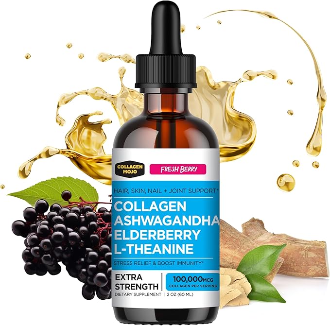 Collagen Mojo - Liquid Collagen for Women &amp Men Collagen Peptides with Ashwagandha Elderberry &amp L-Theanine - Hair Skin Nails Joint &amp Stress Support High Absorption - 100000mcg 2 Oz