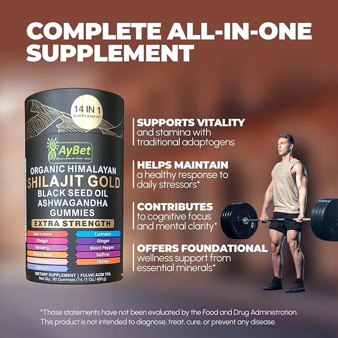 Organic Himalayan Shilajit Gold Gummies for Men and Women Black Seed Oil Ashwagandha Ginseng Turmeric Gokshura Lion's None Lab Tested%75 Fulvic Acid No Sugar Added Halal 90Gummy