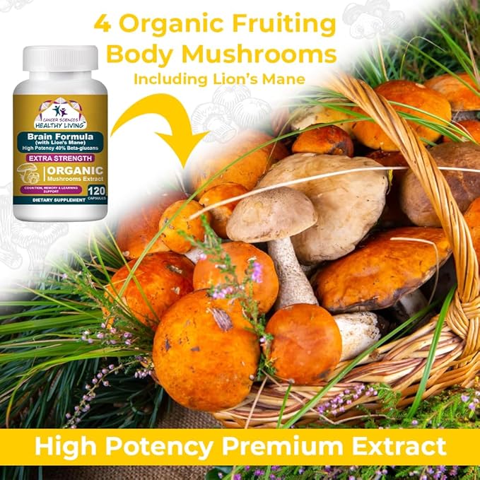 Cancer Sciences Brain Supplements for Memory and Focus - 1500mg Brain Health Mushroom Supplement for Adults &amp Seniors - High Potency 40% Beta-Glucans for Immune Support &amp Vitamins 120 Capsul