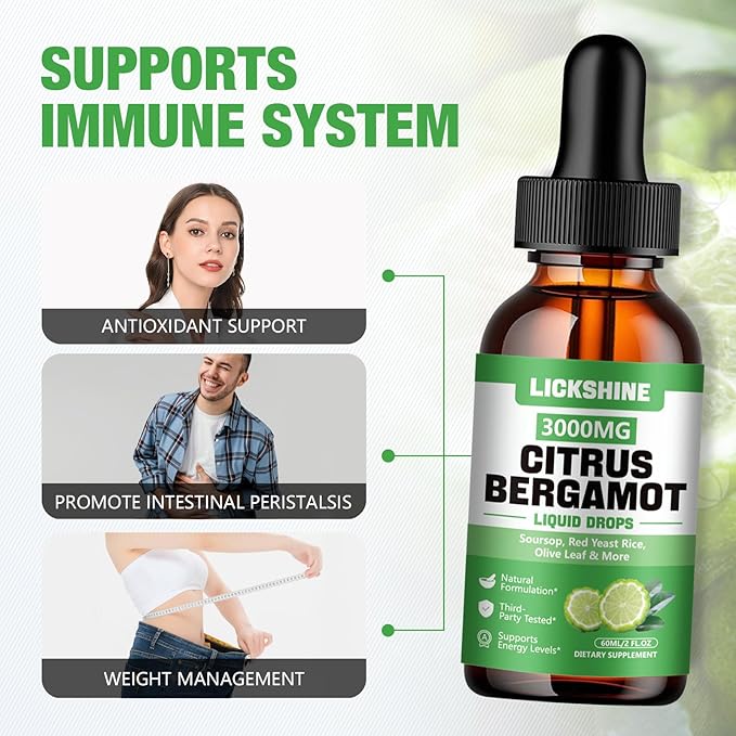 2 Pack 3000mg Citrus Bergamot Liquid Drops - High Absorption - Cholesterol Lowering Supplement for Immune Support Anti-Aging Hight Cholesterol - Soursop Bitters Liquid 4 Fl Oz