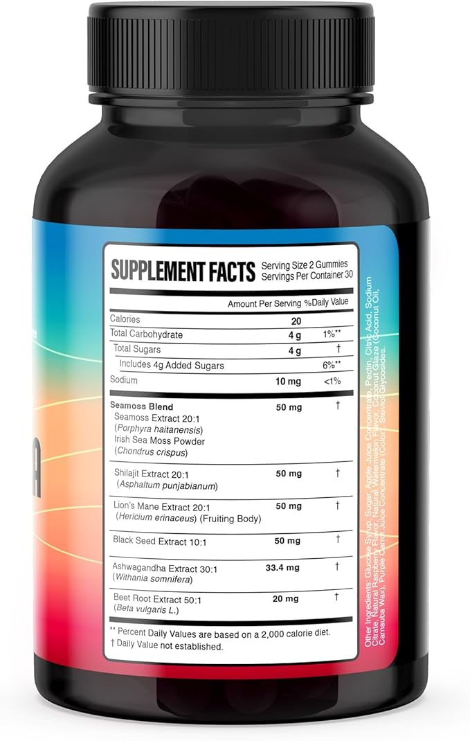 KJHD 2 Pcs Shilajit Ashwagandha Gummies with Sea Moss Beet Root Lion’s Mane Mushroom &amp Black Seed Oil – Organic Herbal Superfood Supplement – 120 Vegan Gummies