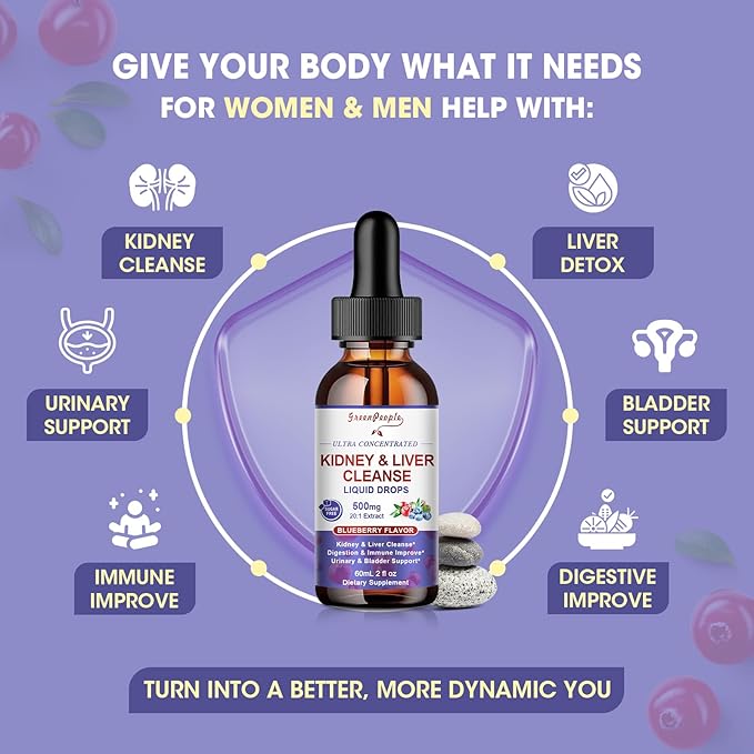 GREENPEOPLE Kidney Cleanse Detox &amp Repair - 27-In-1 Kidney &amp Liver Drops with 20:1 Cranberry Extract &amp Chanca Piedra Alcohol-Free Supplement for Urinary Tract &amp Liver Support (2 Oz 2