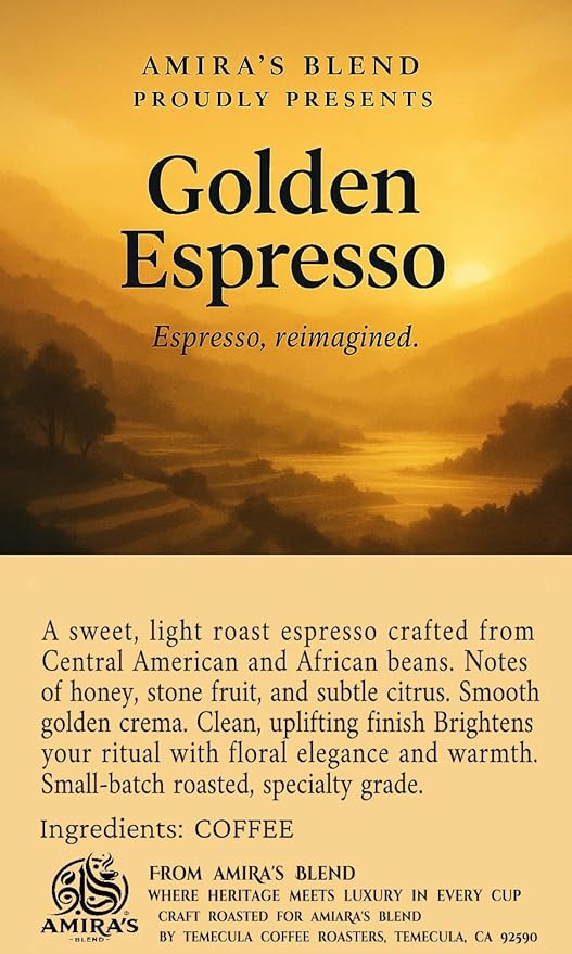 Amira’s Blend Golden Espresso – Light Roast Sweet Espresso Blend Specialty Grade Freshly Roasted Always – Espresso Reimagined (Fine Ground 12oz)