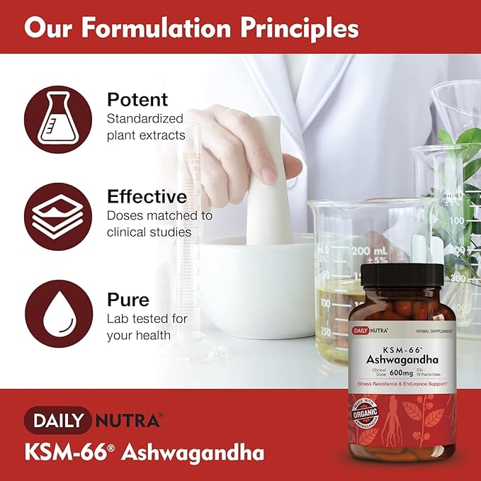 DailyNutra KSM-66 Ashwagandha 600mg Organic Root Extract - High Potency Supplement with 5% Withanolides | Relieves Tiredness Supports Relaxation Focus Energy &amp Muscle Growth (60 Capsules)