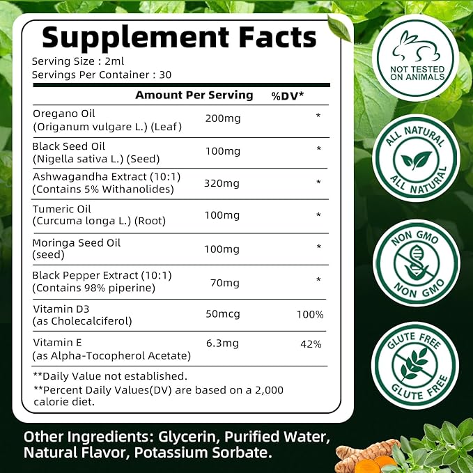 Oil of Oregano with Black Seed Oil | 8 in 1 Organic Oregano Oil Drops with Ashwagandha Moringa &amp Turmeric | Natural Herbal Supplements for Immune Support &amp Stress Relief | Vegan Friendly 2 F