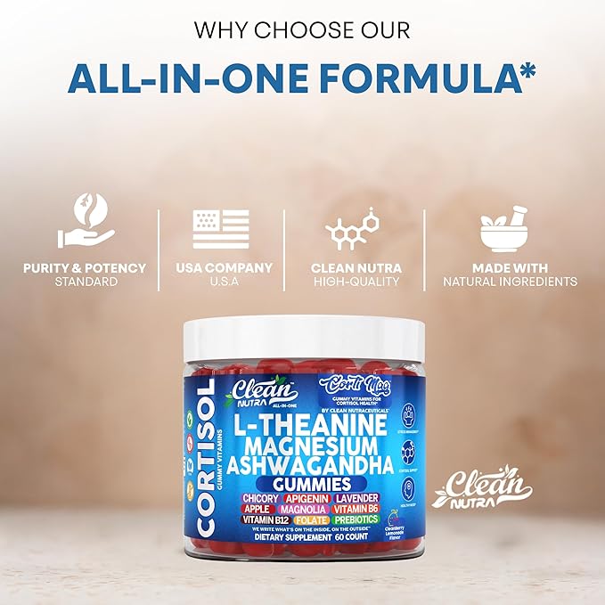 Clean Nutra Cortisol Supplement Gummies L-Theanine Magnesium Ashwagandha Apigenin Vitamin B6 Sleep and Calm Support Lavender Chicory Prebiotic Advanced Gummy Formula