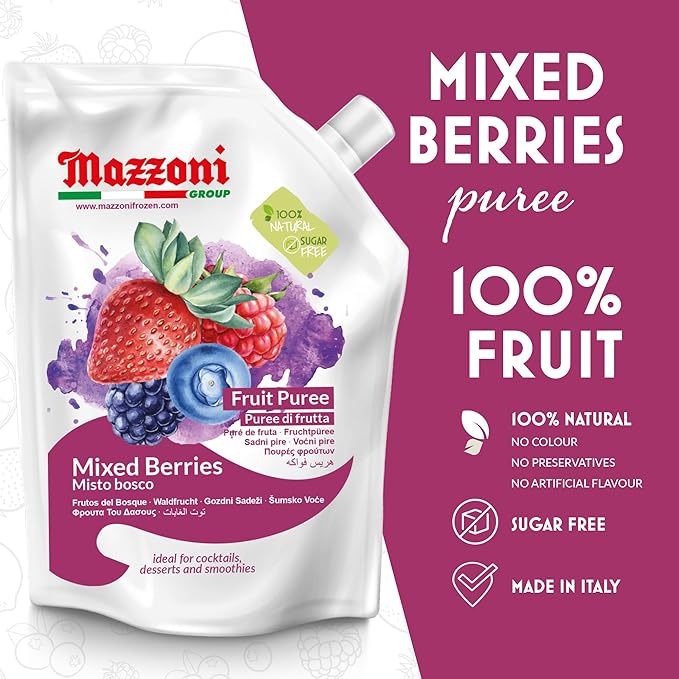 Mazzoni - Mixed Berry Juice Puree 100% Pure Forest Berries (Strawberry Blueberry Raspberry) Just Fruit No Sugar Added 2.2 lbs (35.2 oz) Real Fruit Mixer for Cocktails Drinks Smoothies Conveni