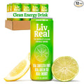 LivReal Clean Energy Drink – Organic Green Tea Caffeine 125mg + L-Theanine 100mg – Real Fruit No Sweeteners or Flavorings – Vitamin C &amp B Complex – Sparkling Lemon Lime Water 12 Pack 12 fl oz