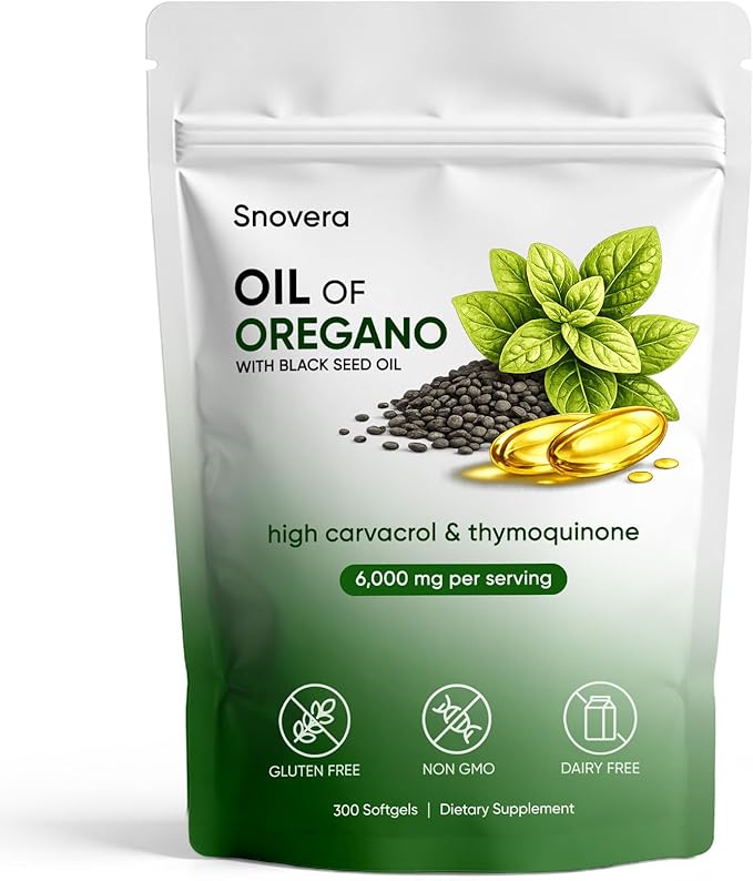Snovera Oil of Oregano 2 in 1 Organic Oil of Oregano with Black Seed Oil for Immune Digestive Support Gut Comfort 6000mg Per Serving Plant Based Non-GMO 300 Softgels