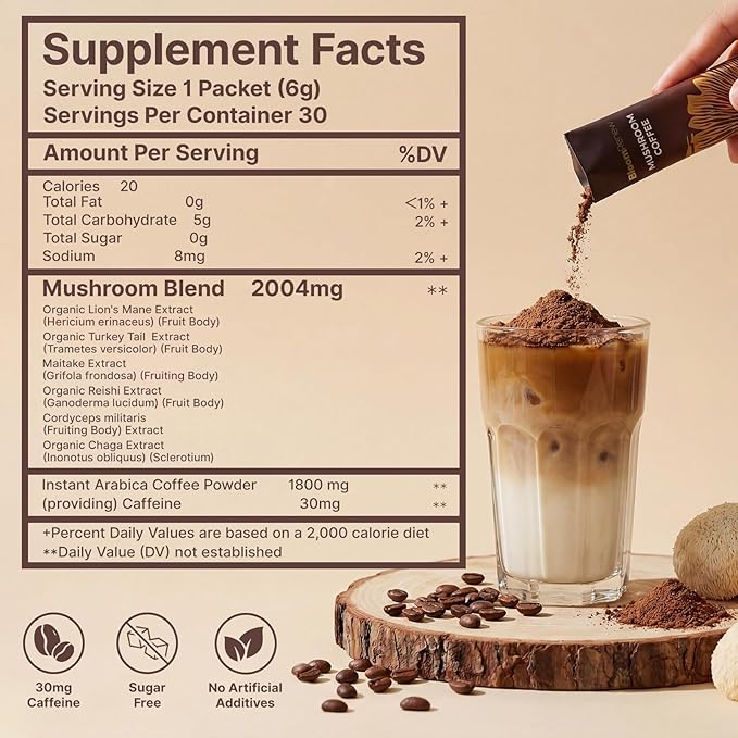 Mushroom Coffee Instant Coffee with Adaptogenic Mushrooms Organic Lion's Mane &amp Reishi Maitake Chaga MCT oil for Energy Focus Digestive &amp Immune Support 30 Servings