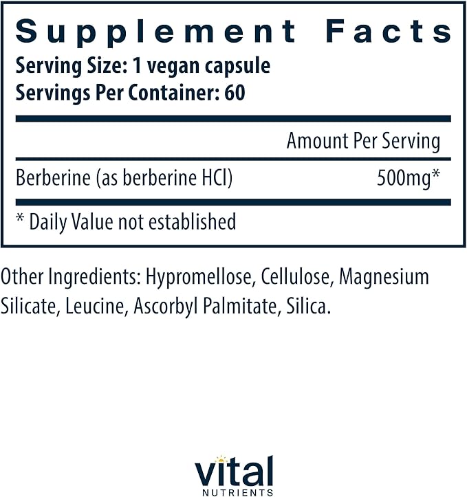 Vital Nutrients Berberine -Supports Bowel Function and Normal Triglyceride Levels -Vegan Supplement- Gluten Dairy and Soy Free -500 mg -60 Capsule