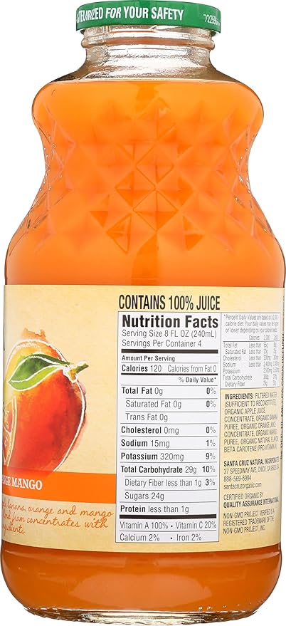 Santa Cruz Organic Orange Mango Fruit Juice Non GMO 32 Fluid Ounces (Pack Of 6)