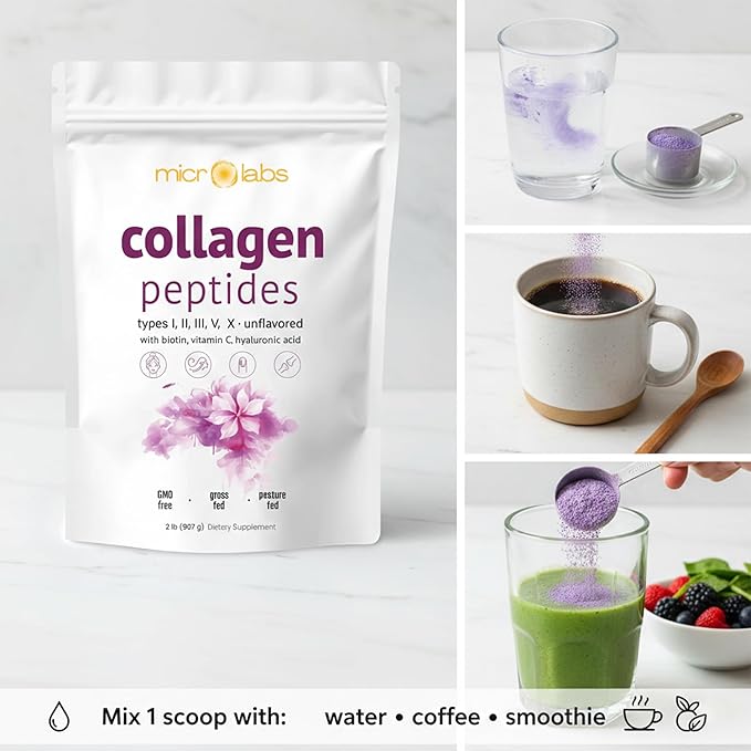 microlabs™ Multi Collagen Peptides Powder 16 oz – Type I II III V &amp X Hydrolyzed Collagen with Hyaluronic Acid Biotin &amp Vitamin C – Unflavored Collagen Protein Powder for Men &amp Women