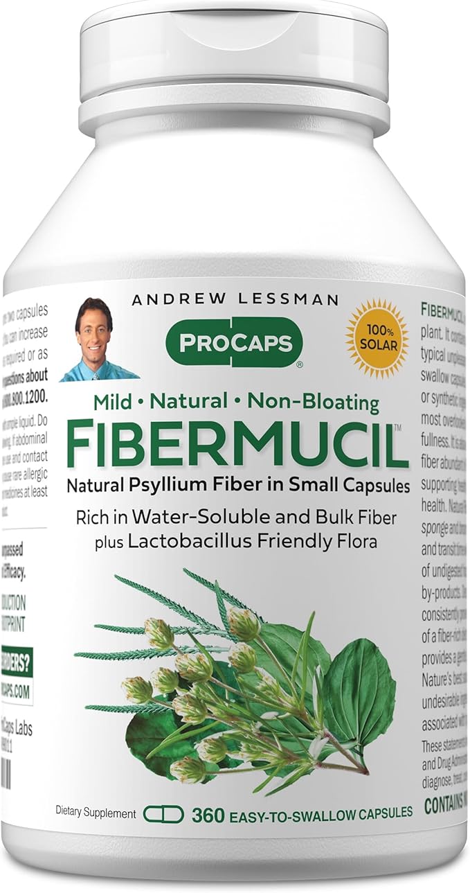 ANDREW LESSMAN Fibermucil 360 Capsules -Psyllium Husk Powder. Gently Promotes Regularity and Digestive Health. Rich in Fiber. Gentle Easy Effective. No Additives. Small Easy to Swallow Capsules