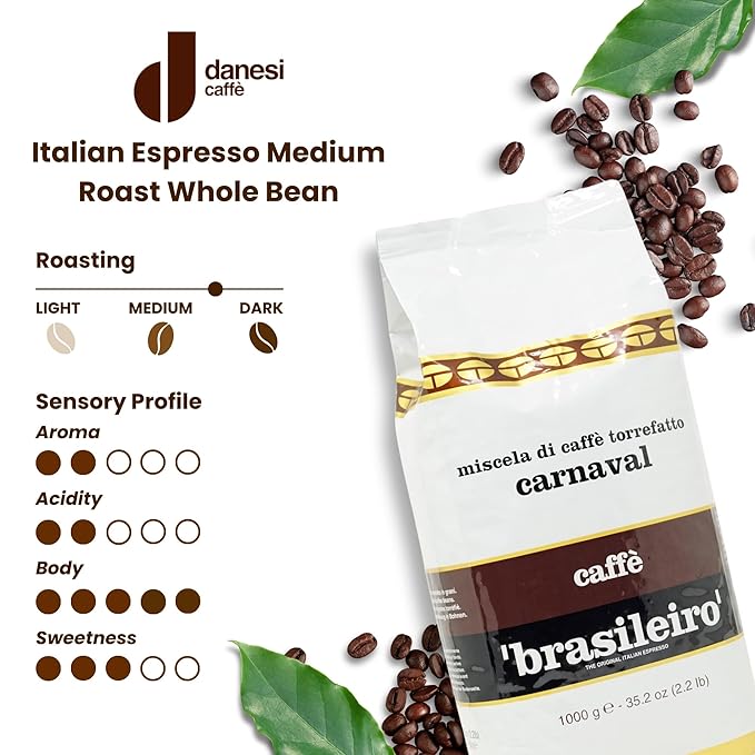 Danesi Caffe Italian Whole Coffee Beans - Espresso Coffee Beans and Medium Roast Whole Bean - Perfect for Espresso Machines French Press and Home Brewing - Brasileiro (2.2 lb)