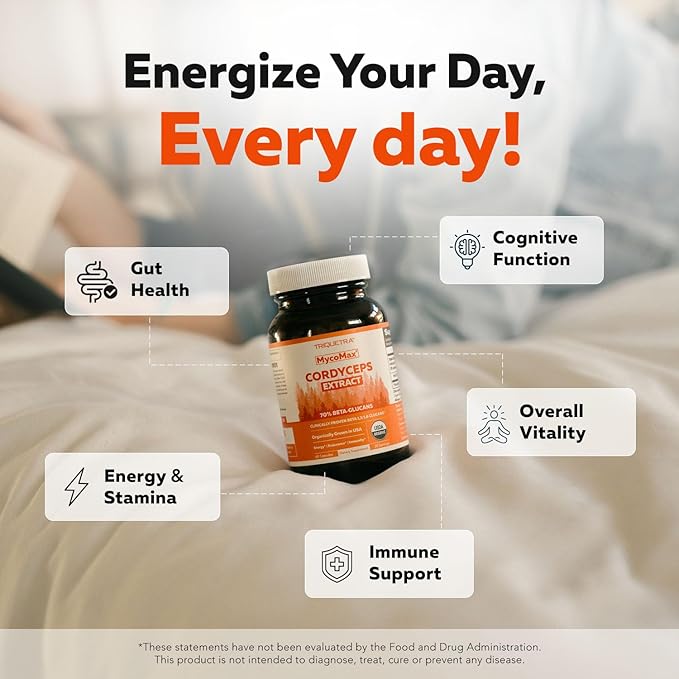 Organic Cordyceps Mushroom Extract - 70% Beta Glucans - Highest Active Nutrient Levels Max Potency Cordyceps Capsules US Grown + Ultrasonic Extraction - Performance Immunity &amp Energy - 60 Capsu