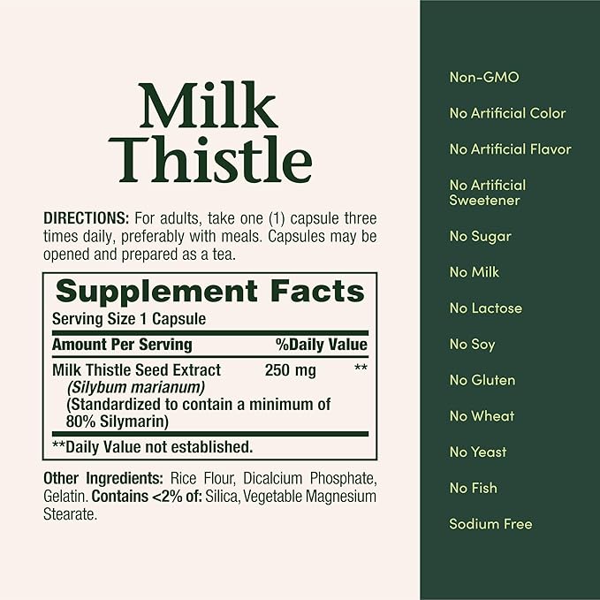 Nature's Bounty Milk Thistle Capsules Traditionally Used for Liver Health Herbal Supplement 250 mg per Serving 200 Count