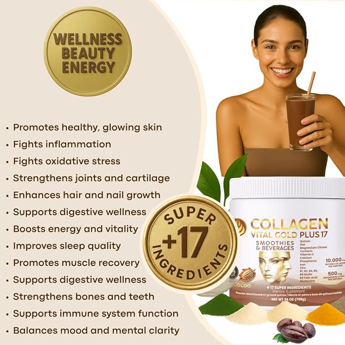 Vital Life Collagen Peptides Powder +17 Super Ingredients 1.6 lb (Pack of 6) Cocoa Flavor Supports Hair Skin Nails Bones Joints &amp Digestive Health Collagen for Women &amp Men.