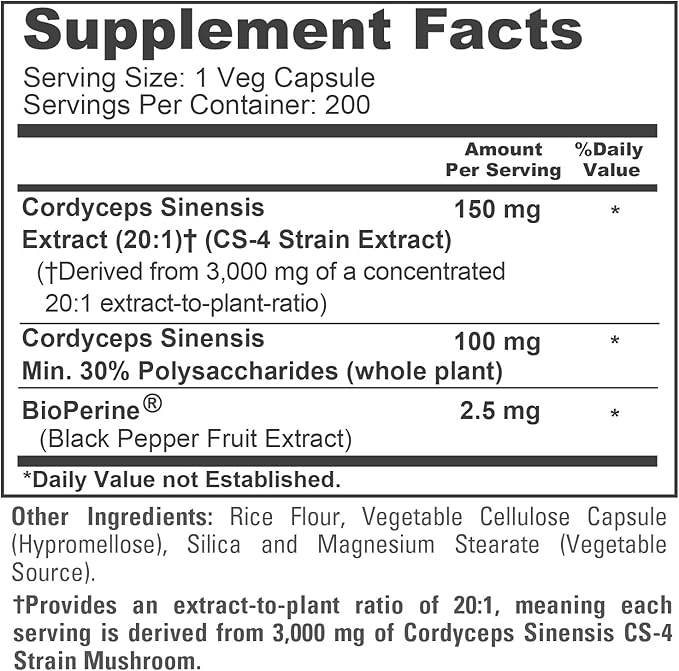 NusaPure Cordyceps 20:1 Extract 150 mg Equivalent to 3000mg 200 Veggie Capsules (Sinensis CS-4 Non-GMO Vegan) Bioperine