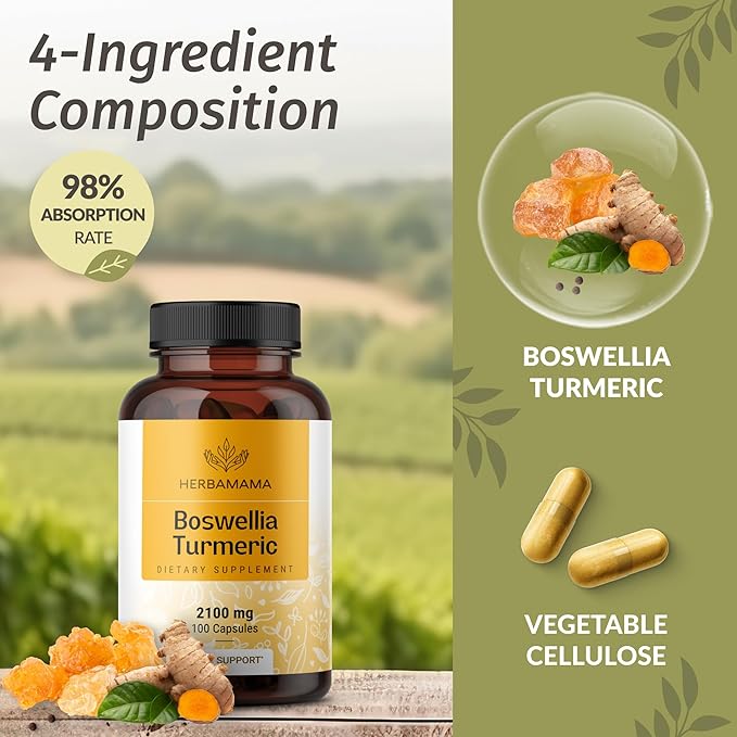 HERBAMAMA Turmeric and Boswellia Extract Capsules - 2100mg Boswellia Serrata &amp Turmeric Complex with Black Pepper Extract - Vegan Non-GMO 95% Curcuminoids Antioxidant Supplement 100 Caps
