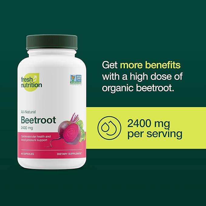 Fresh Nutrition Organic Beet Root Capsules - 2400mg Potent Dosage - Antioxidant Support - Vegan Non GMO Gluten-Free - 90 Capsules