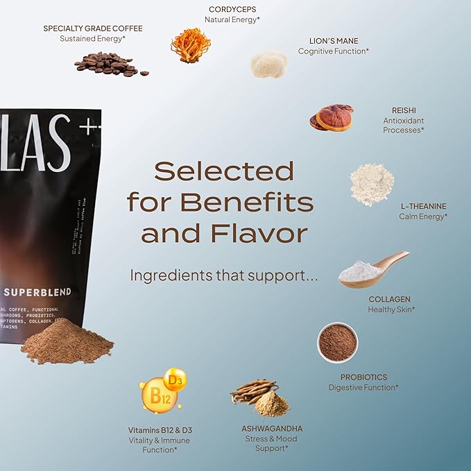 Atlas+ Mushroom Coffee Superblend– Premium Coffee with Collagen Probiotics D3 &amp B12 Lion’s Mane Reishi Cordyceps– for Energy Focus Immunity &amp Gut Health– 28 Servings (1 Bag)