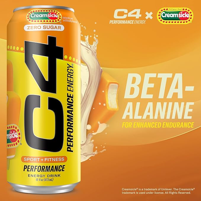 Cellucor C4 Performance Energy Drink | Zero Sugar Carbonated Preworkout Energy 200mg Caffeine with Beta Alanine Orange Creamsicle 16 FL Oz (Pack of 24)