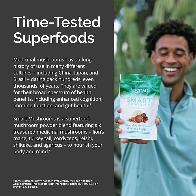 BRAINMD Dr Amen Smart Mushrooms - 3.2 oz - Mental Performance + Immune Support - Vegan GMO Free Gluten Free - 30 Servings