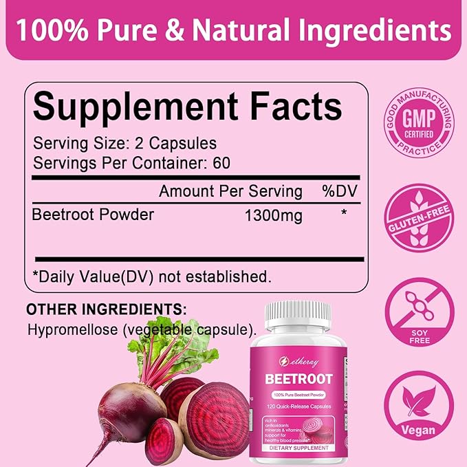 Beet Root Capsules 120 Count Pure Beetroot Beets Powder Capsules 60 Days Supply | Natural &amp Vegan Supplement | 1300mg per Serving