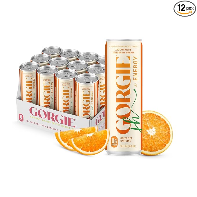 GORGIE Sugar Free Natural Energy Drinks Jaclyn Hill Orange Twist (12 Pack) Healthy Sparkling Energy Drinks Natural Coffee Replacement with Green Tea Caffeine and Biotin Vegan Low Calorie