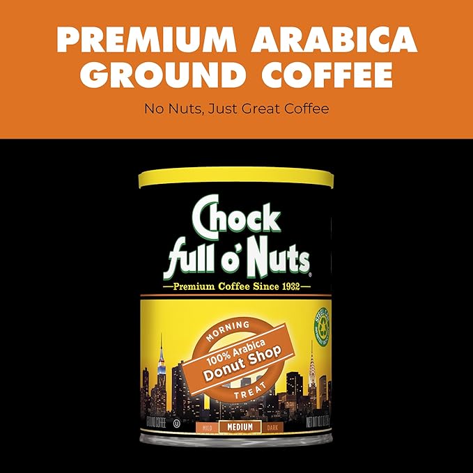 Chock Full o' Nuts Donut Shop Ground Coffee – Premium Beans in Recyclable Steel Can – Rich Flavor &amp Aroma Medium Roast – Perfect for Drip Pour-Over Percolator – 10.2 Oz Can