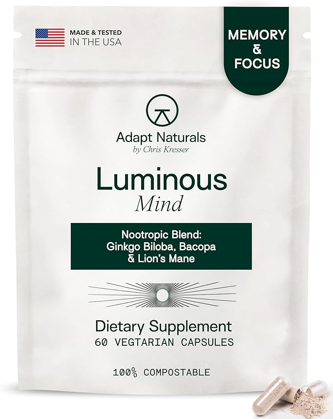 Adapt Naturals Luminous Mind Nootropic Brain Supplement with Ginkgo Biloba Bacopa and Lions Mane | Memory Focus Mental Clarity and Elevated Mood Support | No Caffeine Crash Free - 30 Days Supply