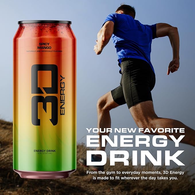 3D Sugar-Free Energy Drinks Spicy Mango - Clean Energy Drink with 200mg Caffeine Taurine &amp L-Carnitine - Pre Workout Fitness Drink for Gym Exercise &amp Everyday Performance