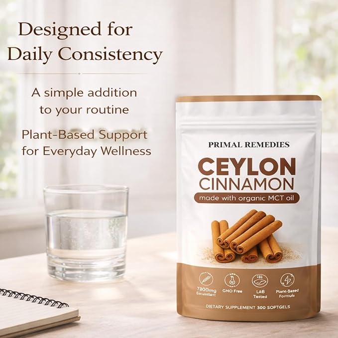 Primal Remedies Ceylon Cinnamon Capsules – 300 Softgels Equivalent Per Serving Cinnamomum Verum Bark Extract Clean Plant Based Supplement for Daily Wellness Routine (1)