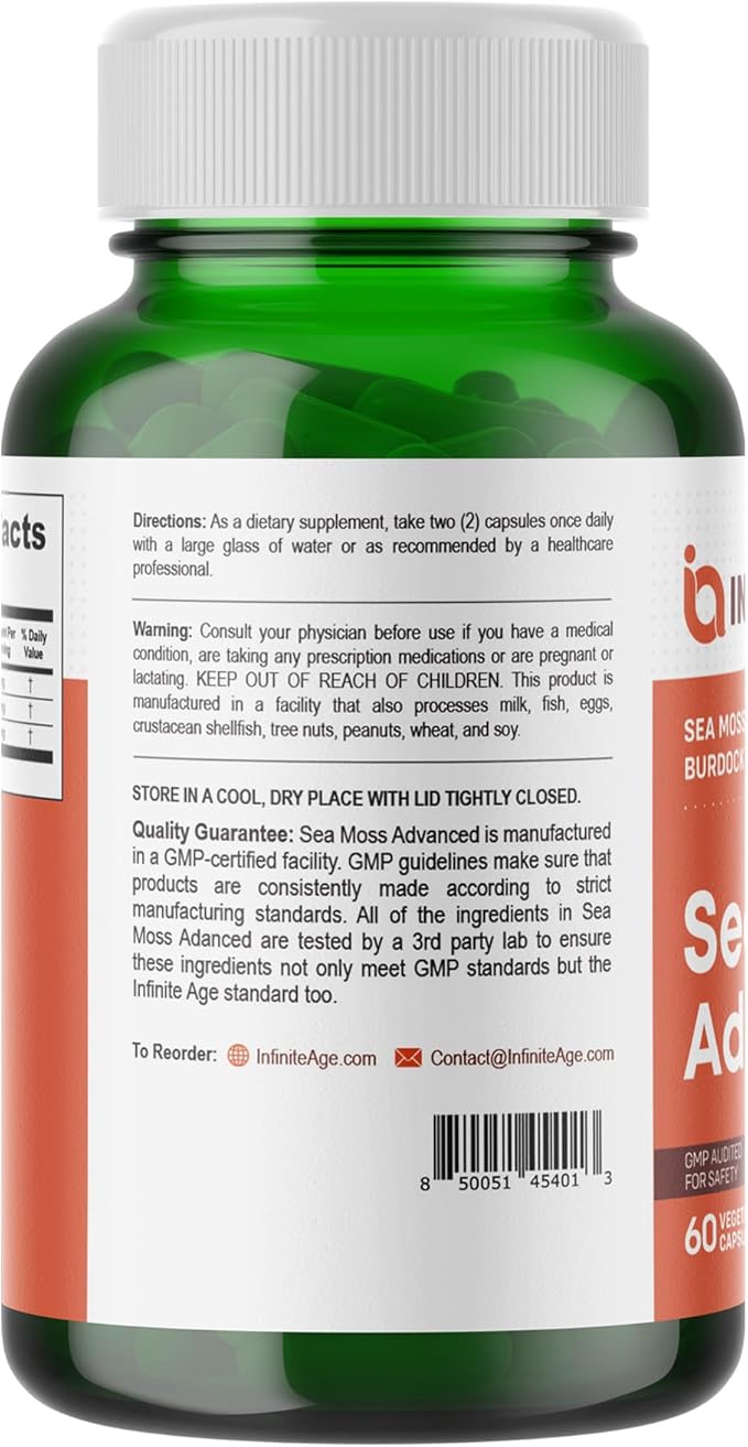 INFINITE AGE 2 Pack of 1250mg Sea Moss Advanced Superfood Capsules 120 Count - High-Potency Vegan Made in The USA - Irish Seamoss Bladderwrack Burdock Root - Overall Health Immunity Support