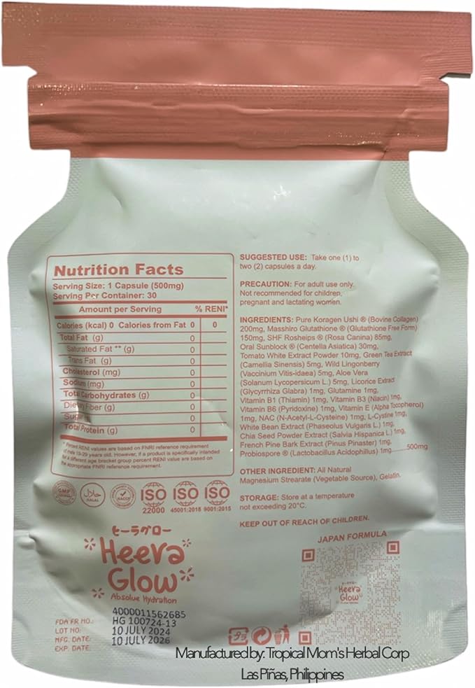 2 Sachets Heera Glow Absolute Hydration 20 in 1 Glutathione Collagen Capsules