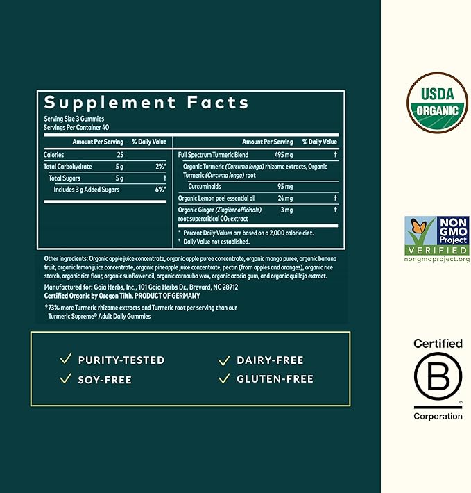 Gaia Herbs Turmeric Supreme Gummies Extra Strength - Supports Healthy Inflammatory Response in Healthy Individuals* - Lemon Ginger Flavor - 120 Vegan Organic Gummies (40 Servings)