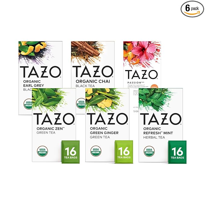 TAZO Tea Bags Regenerative Organic: Refresh Mint Herbal Zen Green Green Ginger Chai Black Early Grey &amp Passion Herbal (1ea) (Variety Pack)