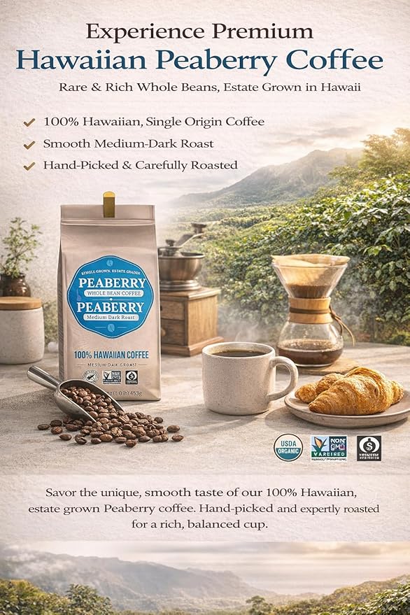 Hawaiian Peaberry Coffee Beans - Medium Dark Roast - 100% Kona Single Origin - Non-GMO Whole Bean Coffee - 16oz Premium Fresh Roasted