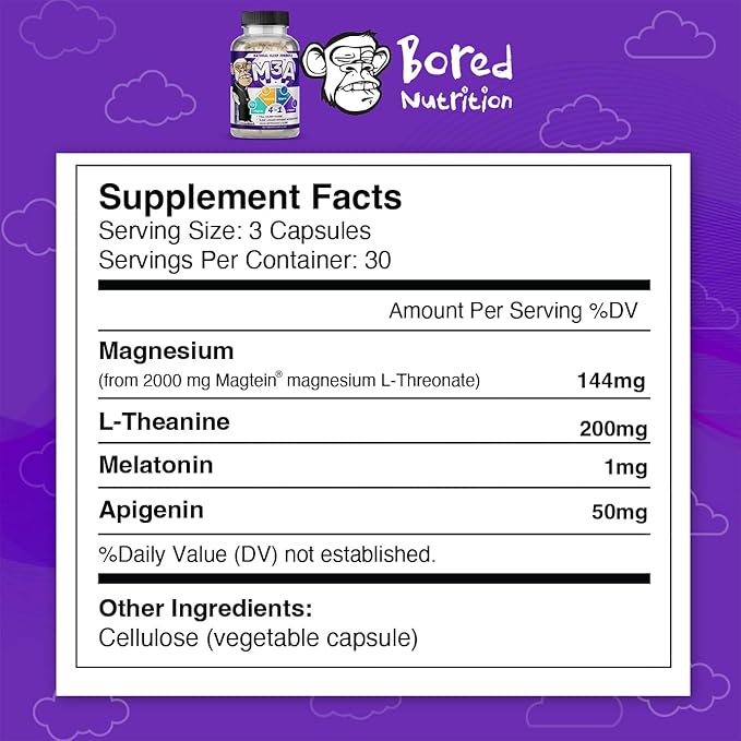 M3A Sleep Support - Magtein Apigenin Melatonin with L-Theanine - 90 Capsules - 2 Pack - Premium 4-in-1 Non-Habit Forming Natural Sleep Aid - Restful Nights and Refreshing Mornings by Bored Nutrition