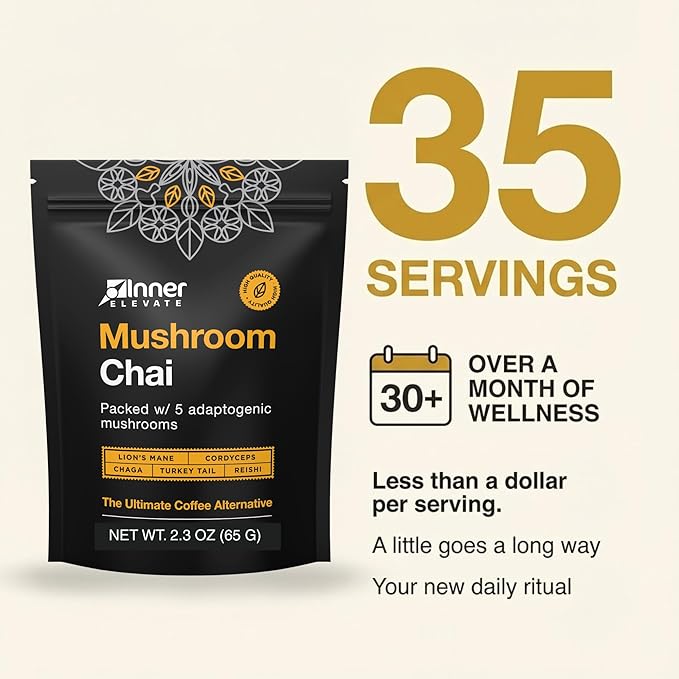 Inner Elevate Superfood Mushroom Chai - Ultimate Coffee Alternative - Adaptogenic Mushroom Tea Drink with Lion's Mane Cordyceps Chaga Reishi Turkey Tail (35 Servings)