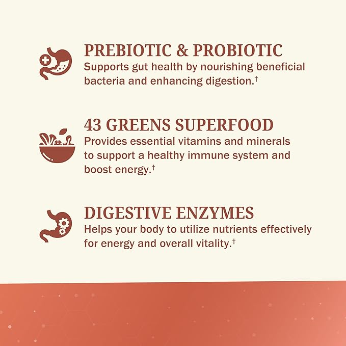 Super Greens Powder Superfood - Greens Powder with Probiotics Prebiotics Digestive Enzymes and 43 Green Superfoods - Chlorophyll Bilberry Chlorella Spirulina Grass - Tastes Amazing - 30 Servings